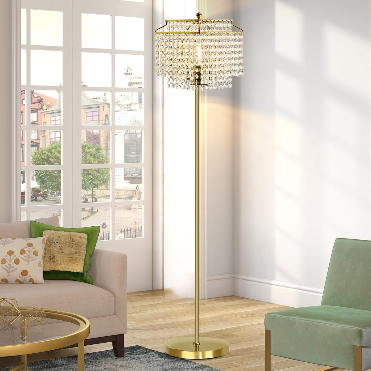 Luvkczc gold crystal floor lamp tall with ambient glow for living rooms