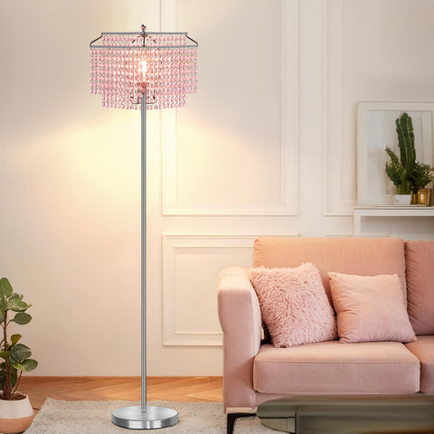 Luvkczc pink crystal floor lamp standing tall with 64-inch height in a living room.