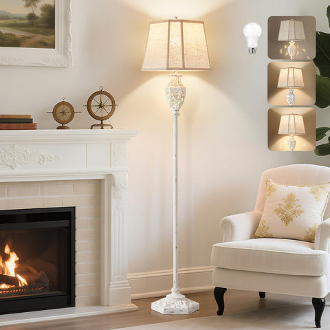Luvkczc rustic floor lamp with cream finish features six-sided hollow carvings for warm ambient lighting.