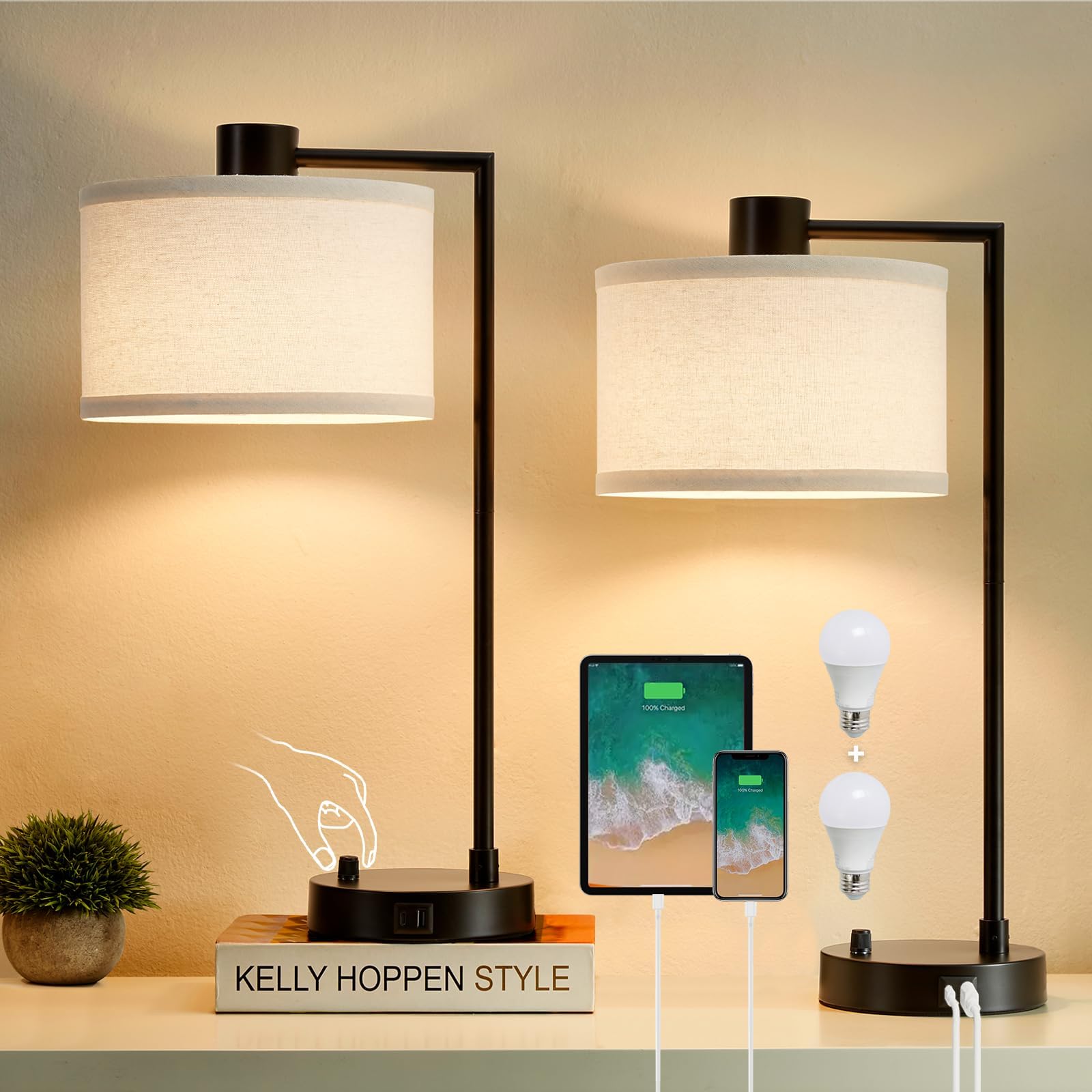 Luvkczc table lamp with USB-C port for convenient device charging while reading.