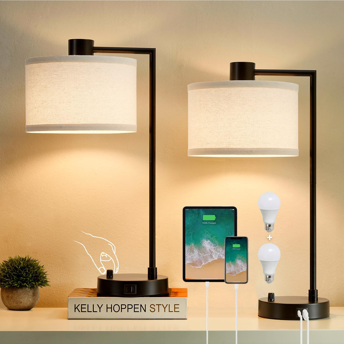 Luvkczc table lamp with USB-C port for convenient device charging while reading.