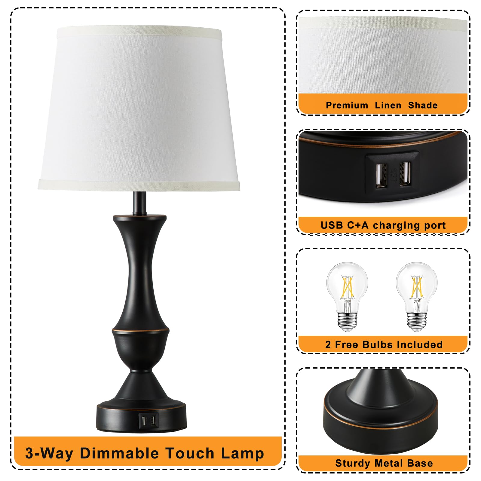Luvkczc touch table lamps black finish with white shade adds vintage style