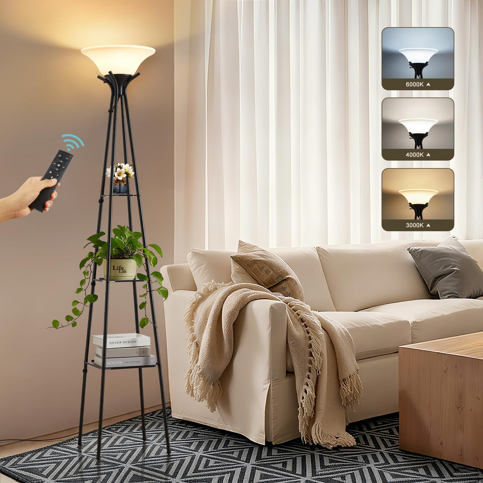 Luvkczc upgraded floor lamp with three-tier shelves for organized living spaces.