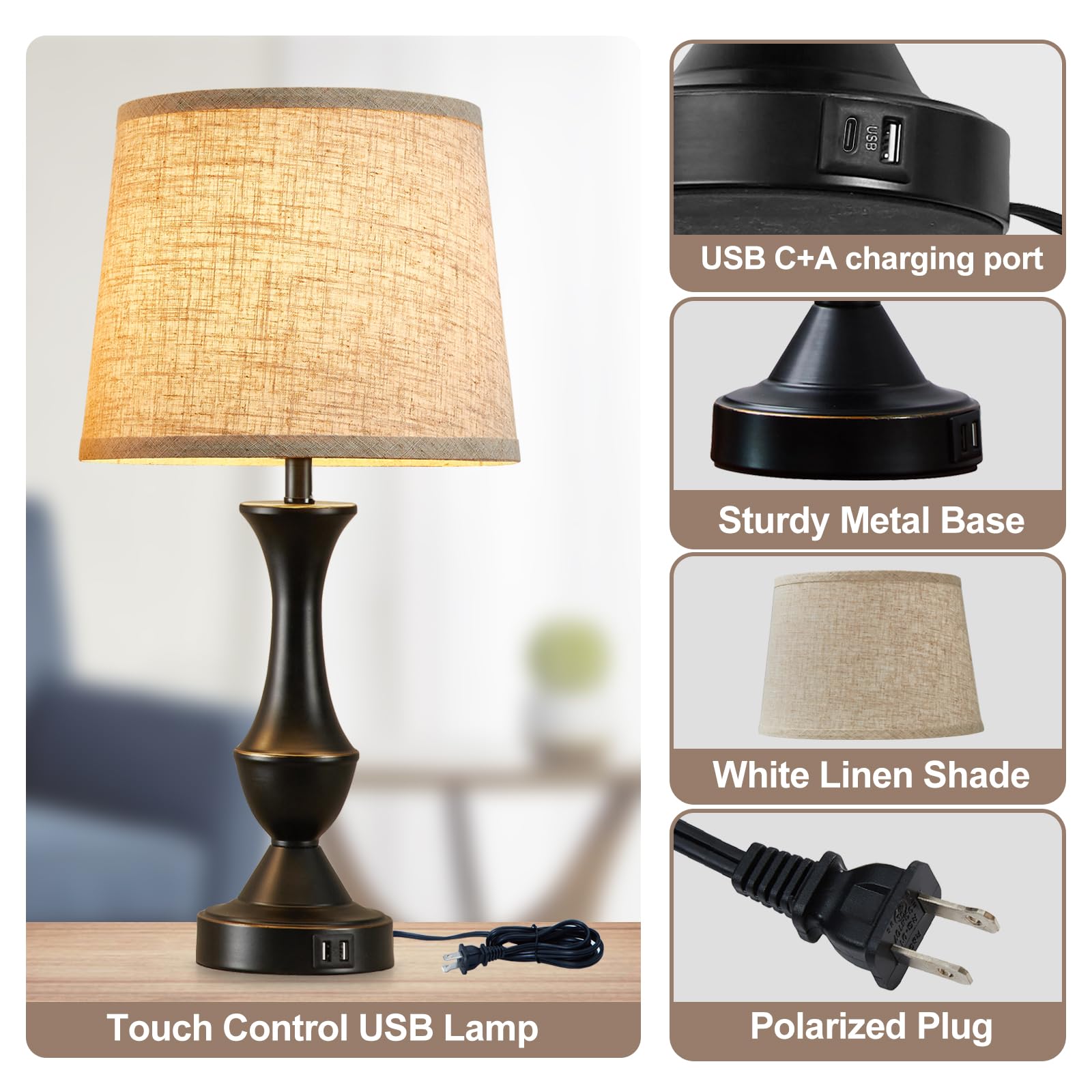 Luvkczc touch-dimmable control on the lamp base with three brightness levels.