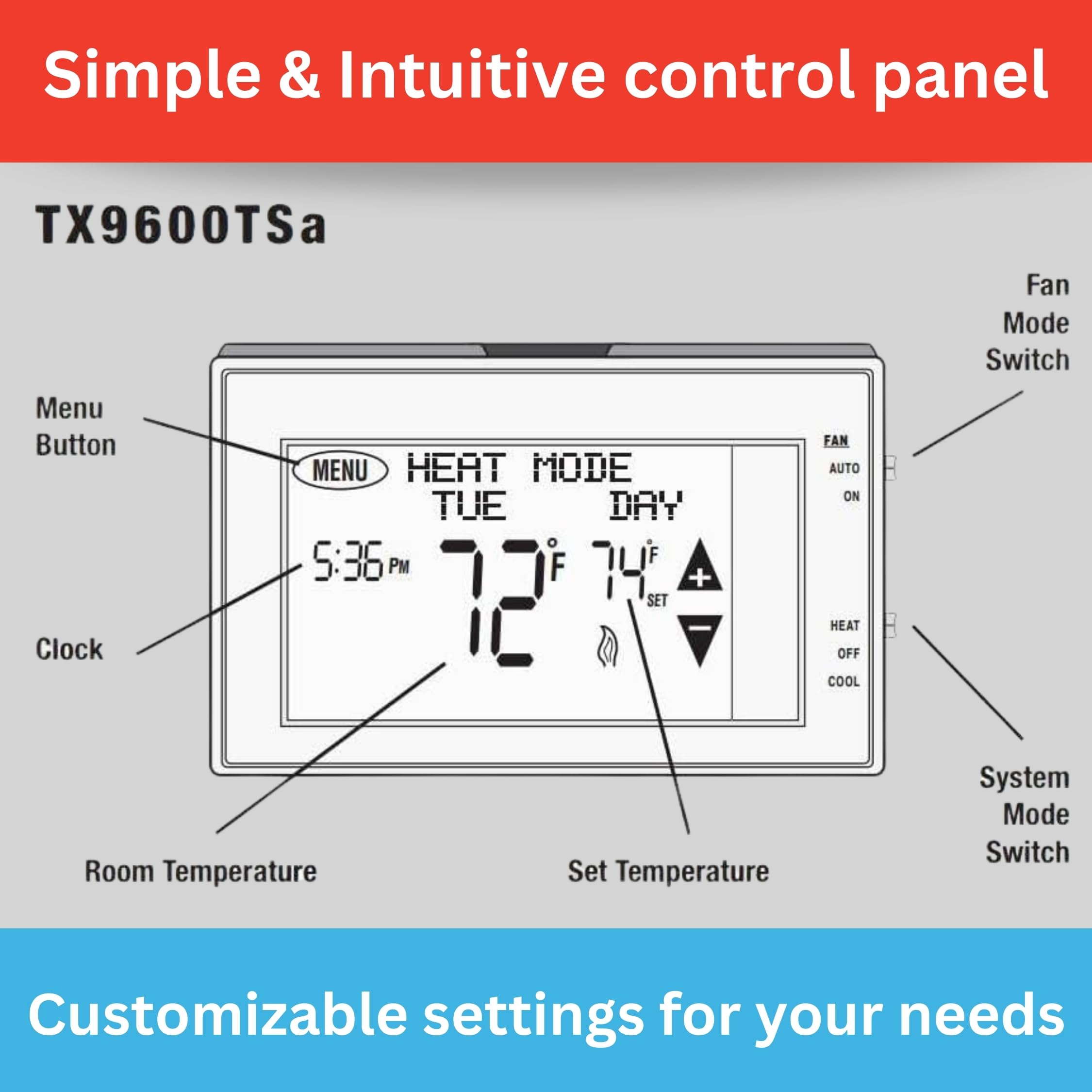 LUX TX9600TS 7-day or 5/2 programming for flexible schedules.