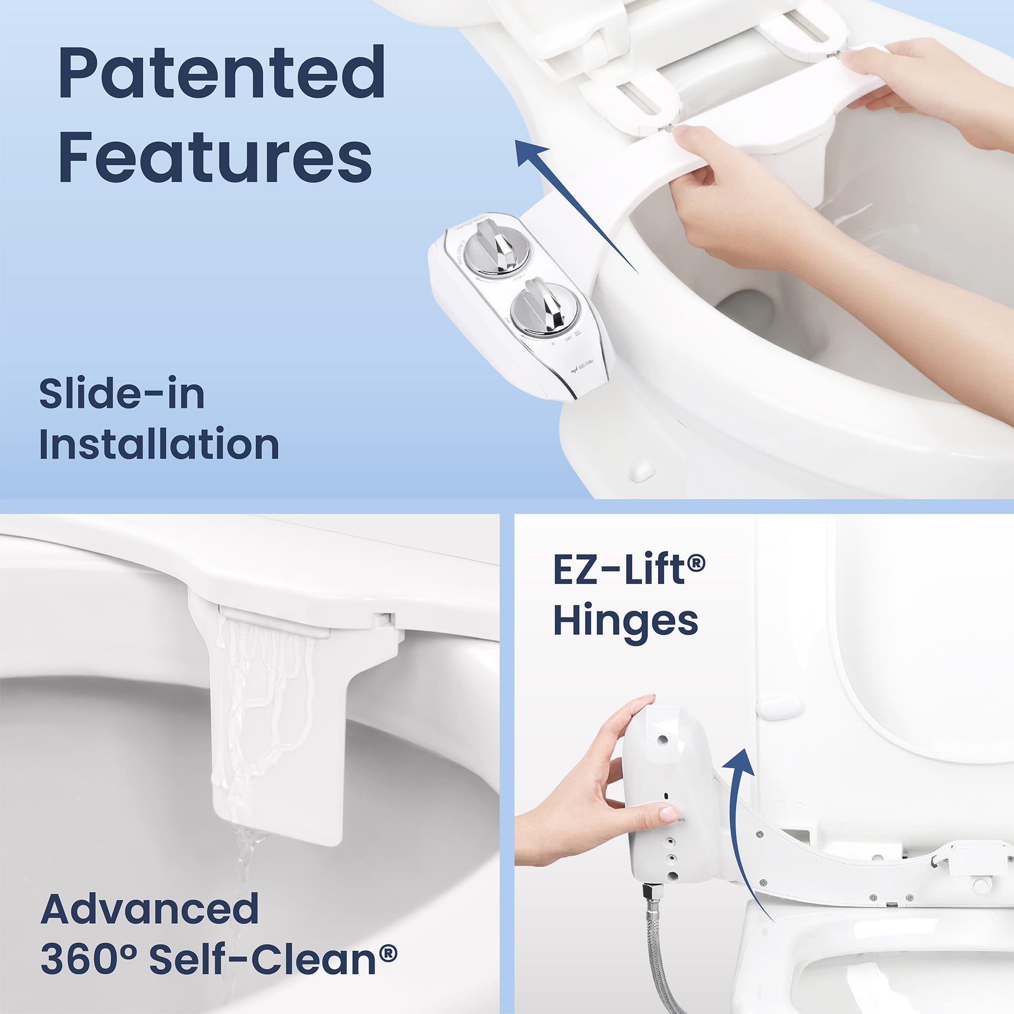LUXE Bidet NEO 120 Plus 360-degree self-clean mode for nozzle and guard gate
