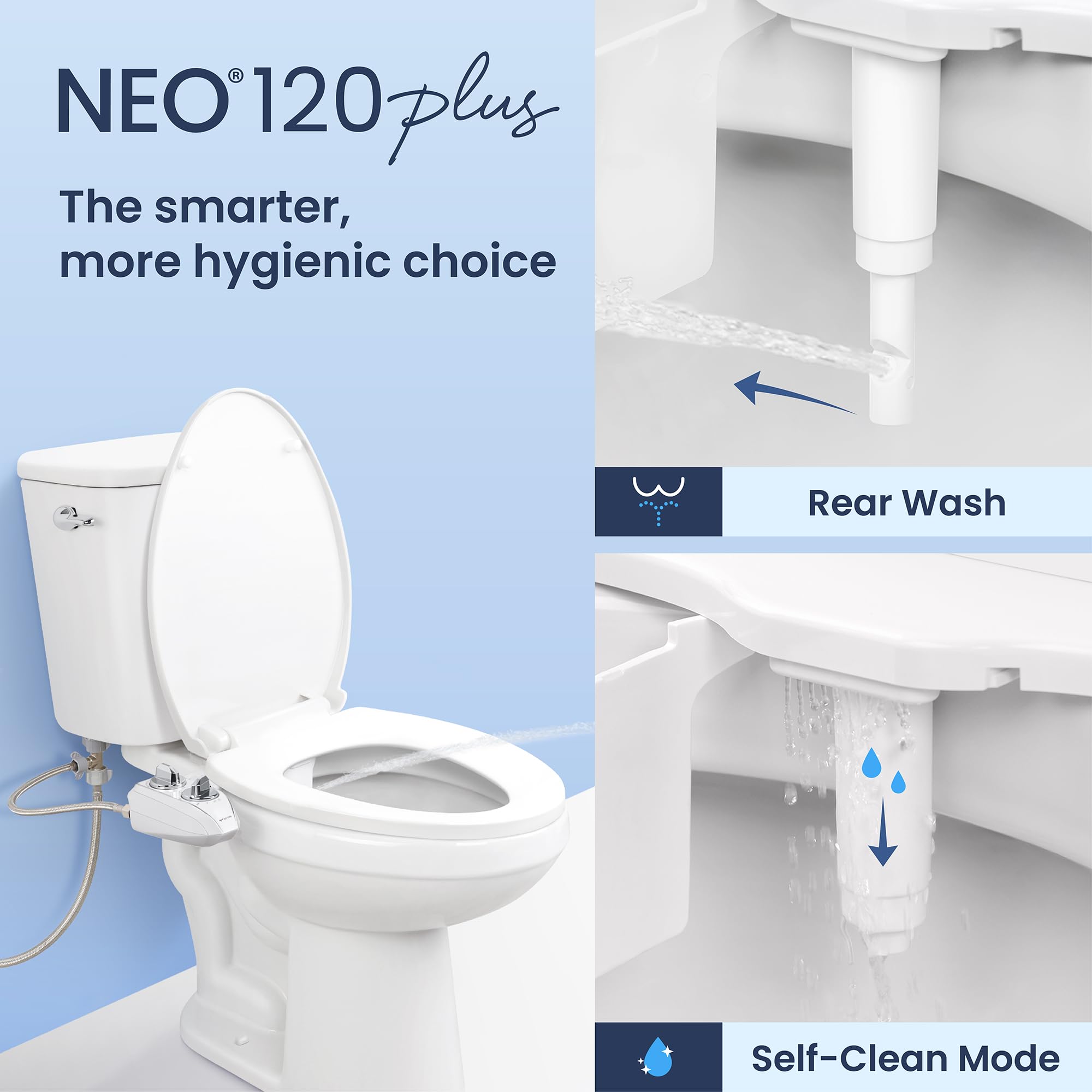 LUXE Bidet NEO 120 Plus flip-out hinge enables easy cleaning access