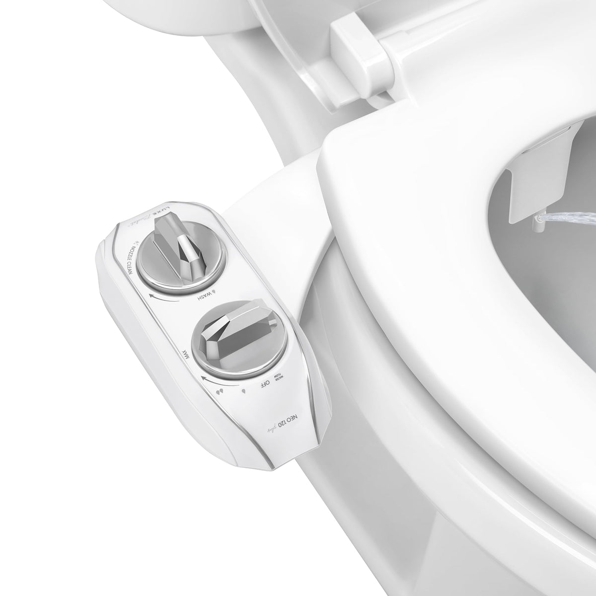 LUXE Bidet NEO 120 Plus front view with compact profile for tight spaces