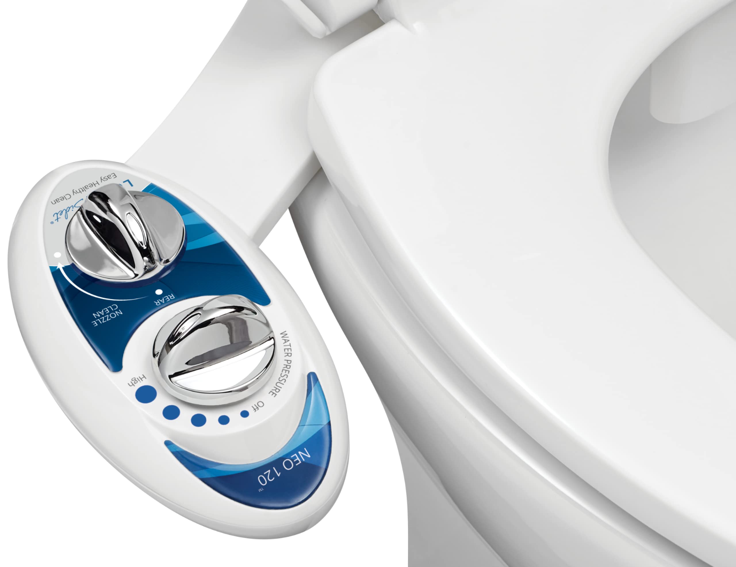 LUXE Bidet NEO 120 front view shows compact blue accent and sleek profile for modern bathrooms