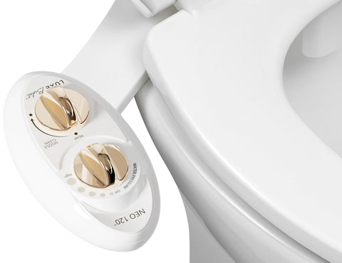 LUXE Bidet NEO 120 front view in gold, showcasing stylish non-electric upgrade.