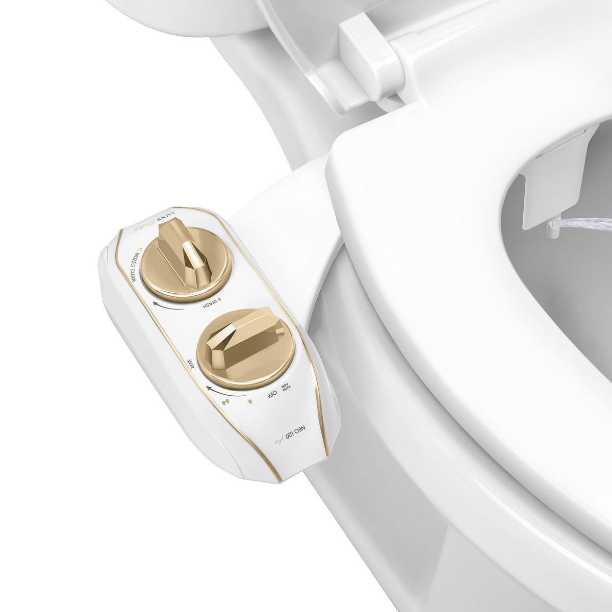 LUXE Bidet NEO 120 Plus flip-up design for easier cleaning.