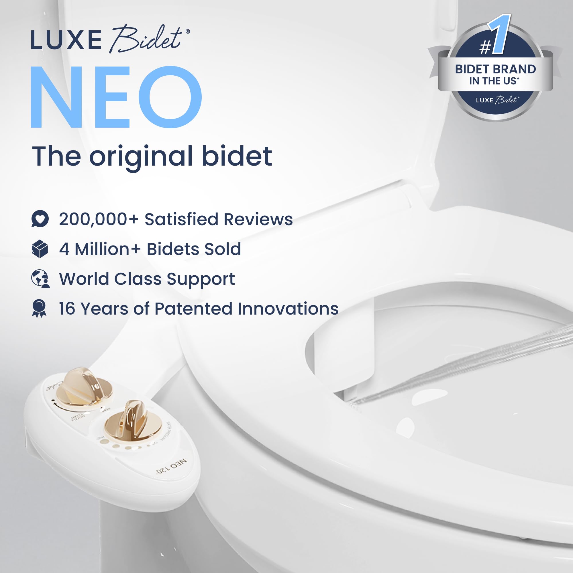 LUXE Bidet NEO 120 side installation, quick retrofit for standard two-piece toilets.