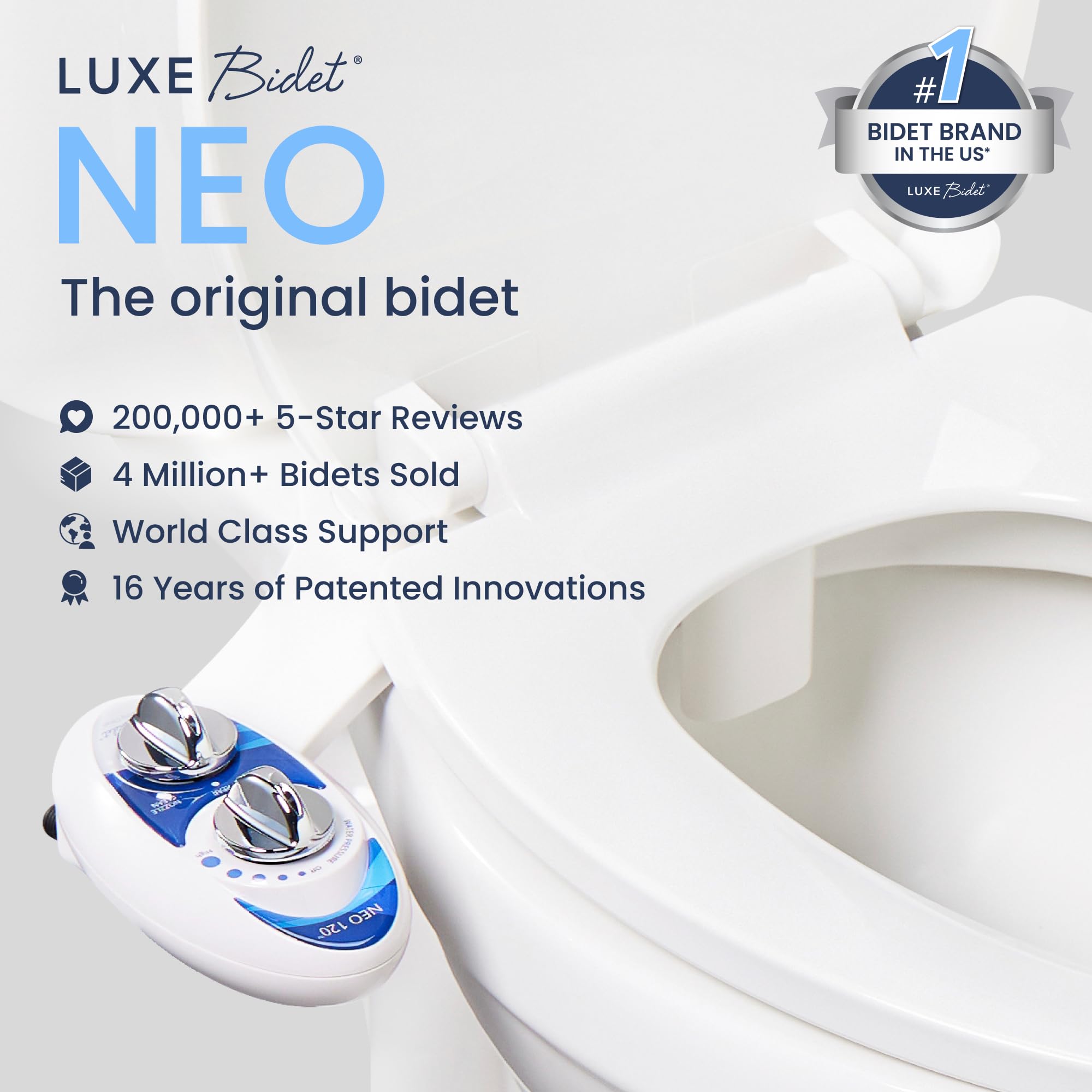LUXE Bidet NEO 120 side view demonstrates easy installation on a standard toilet