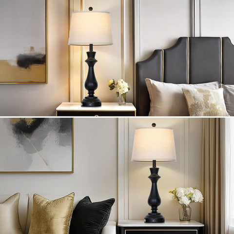 Luxeflow black linen shade lamp adds elegant contrast to bedroom decor.