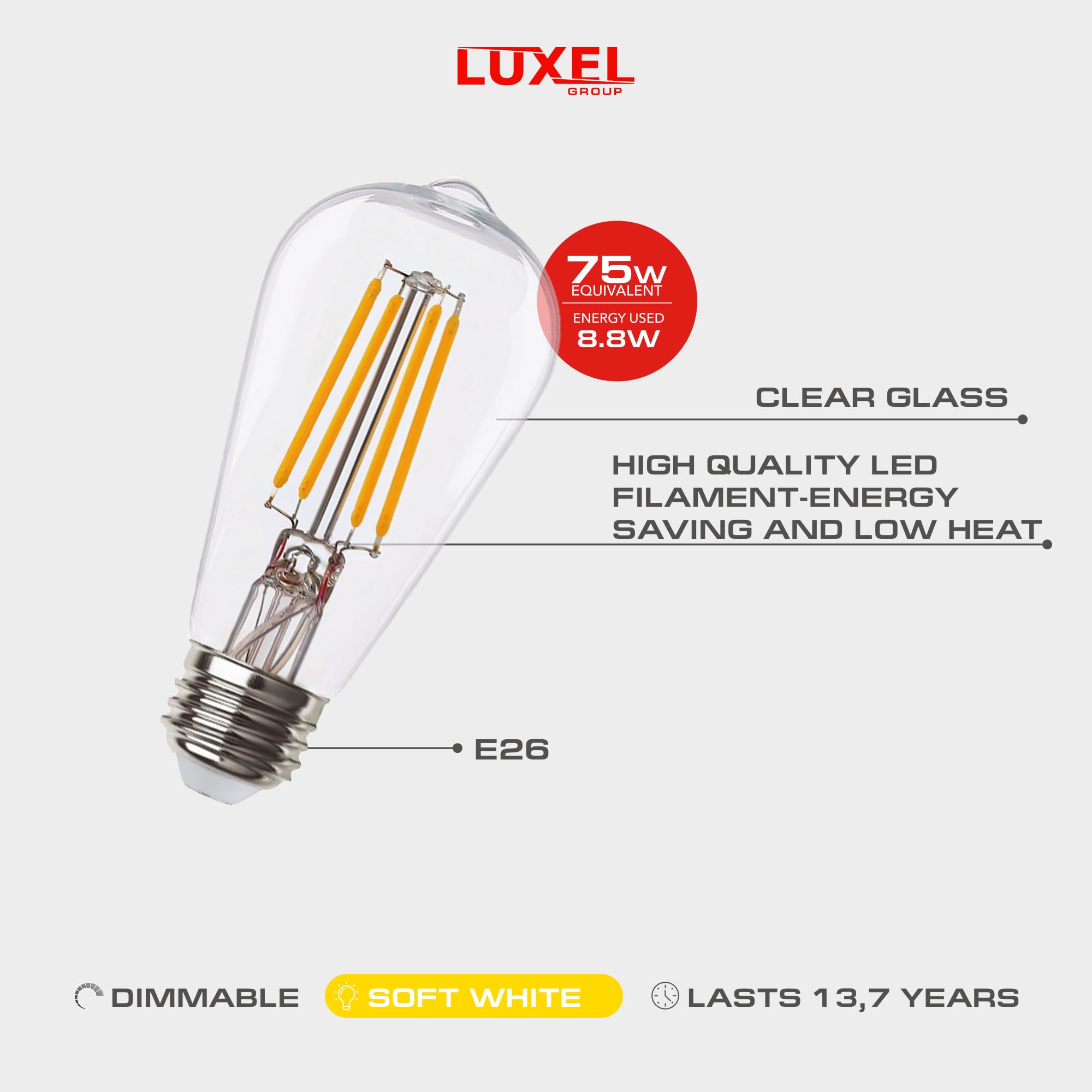 Luxel Group 2700K soft white bulb delivers warm glow at 900 lumens.