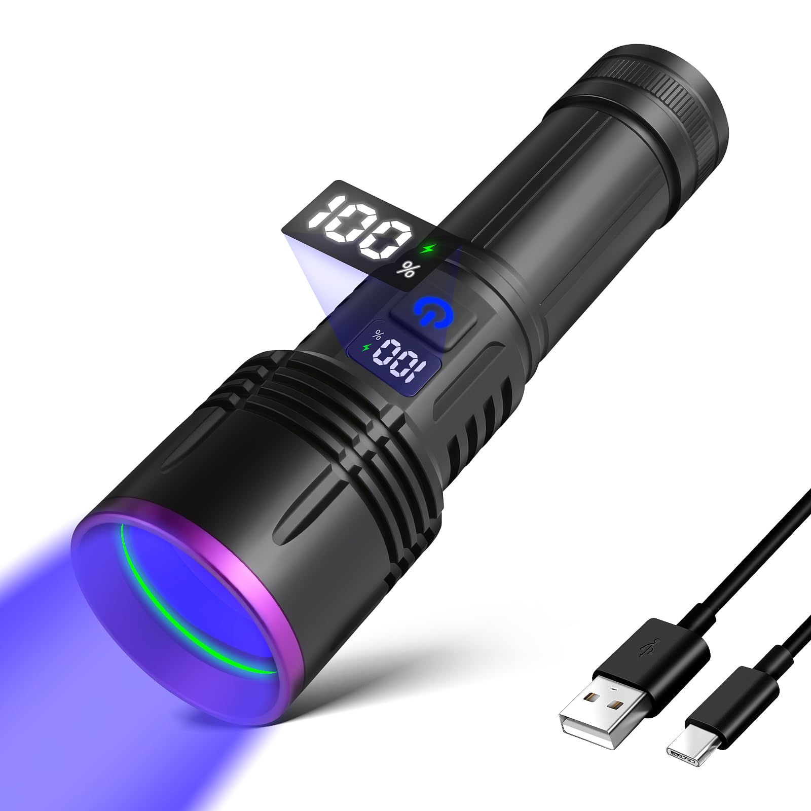 LUXNOVAQ 365nm UV flashlight beam illuminating dark surfaces for hidden stains
