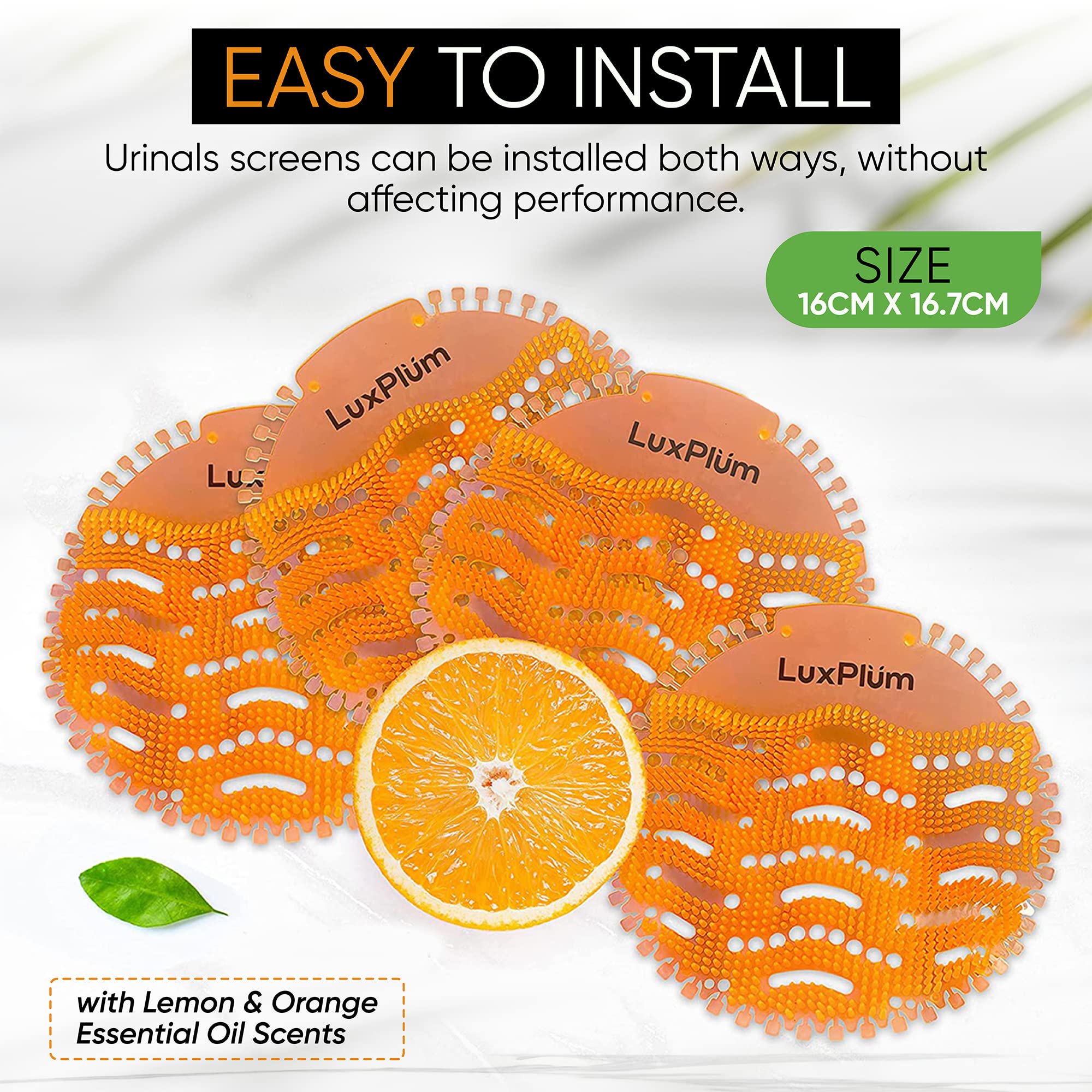 LuxPlum orange-scent deodorizer packaging highlights fresh restroom scent.