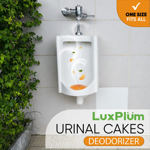 LuxPlum splash-control urinal mats shown, reducing splashes and floor grime.