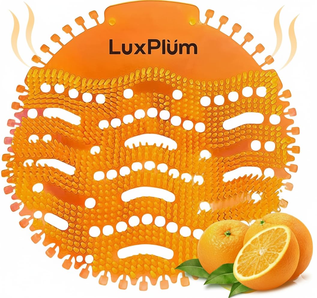 LuxPlum urinal screens orange pack for long-lasting citrus freshness in restrooms.