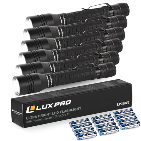 The LUXPRO LP290V3 flashlight front view shows a bright beam for outdoor visibility