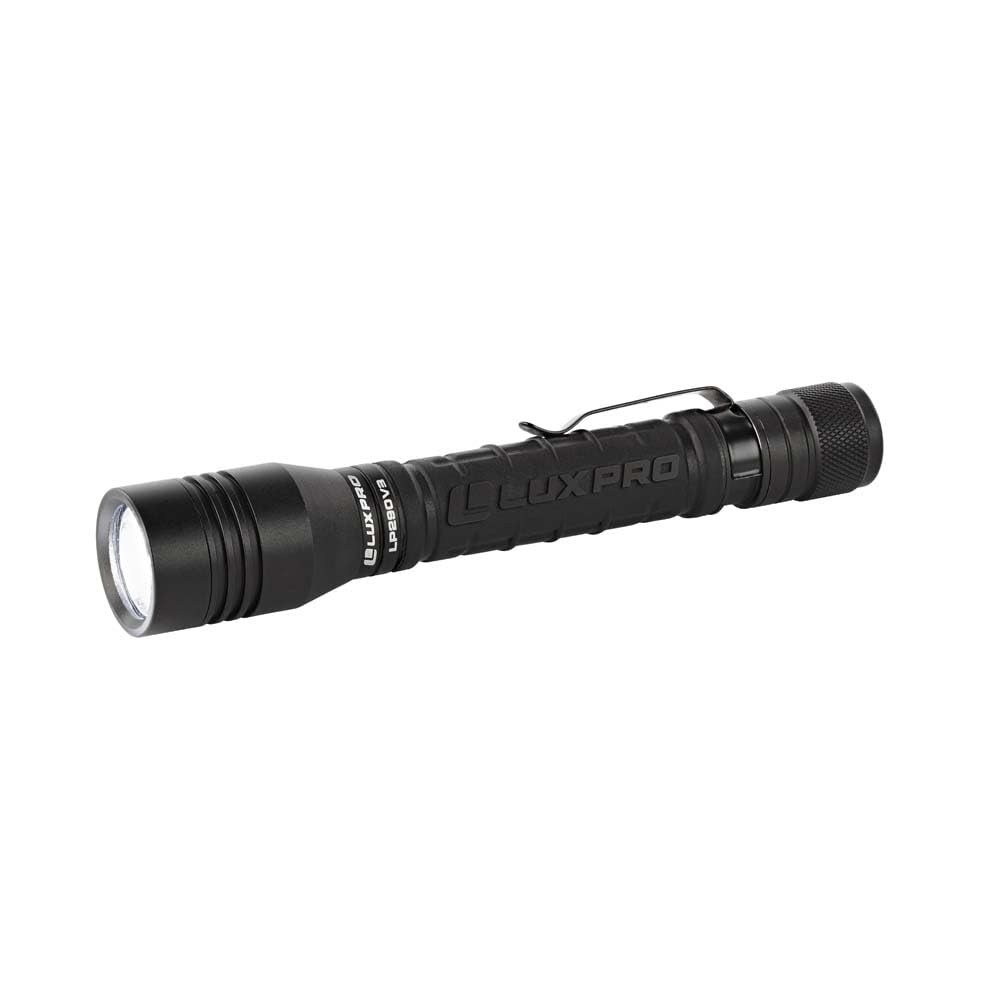 LUXPRO LP290V3 flashlight with side clip ready for pocket carry during camping