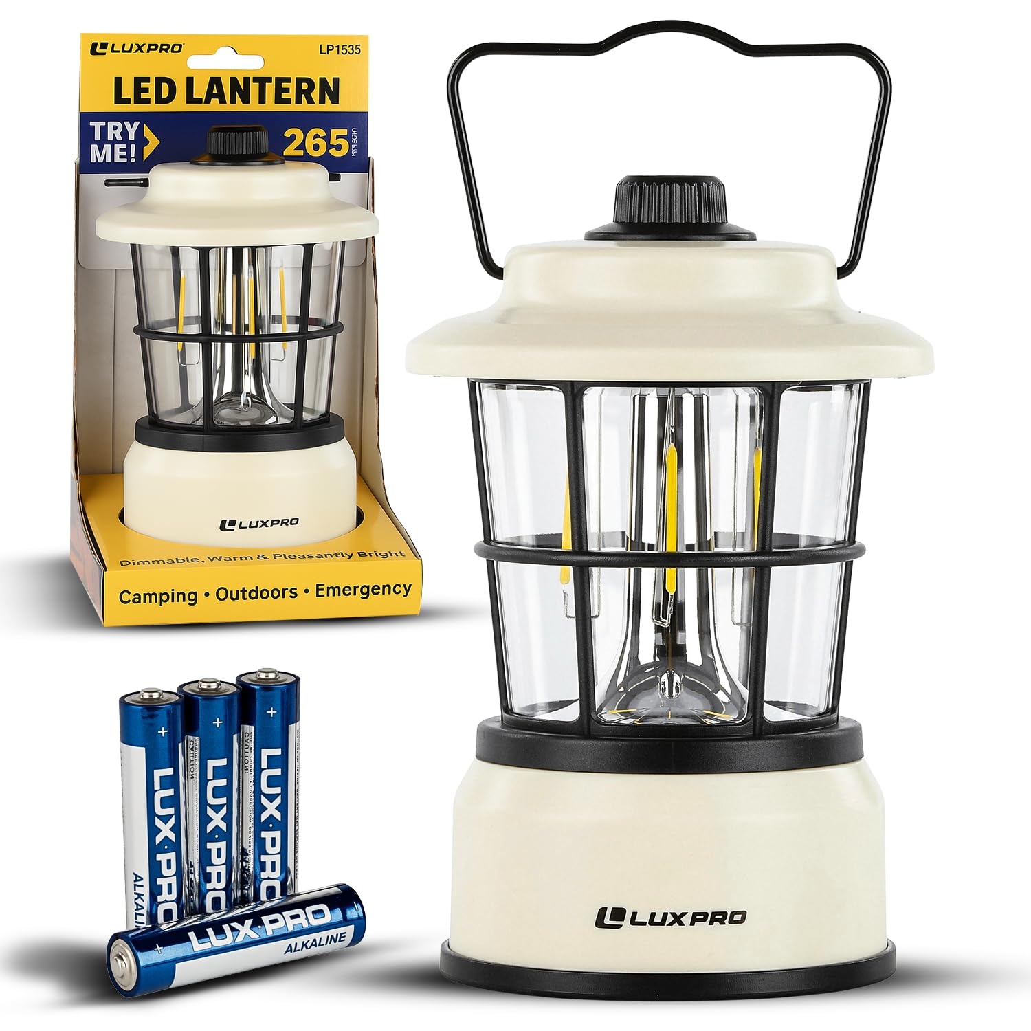 LUXPRO Retro LED Lantern beige body on table providing warm indoor illumination