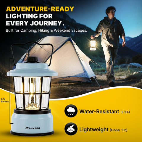 LUXPRO Retro LED Lantern blue battery-access panel for quick replacements