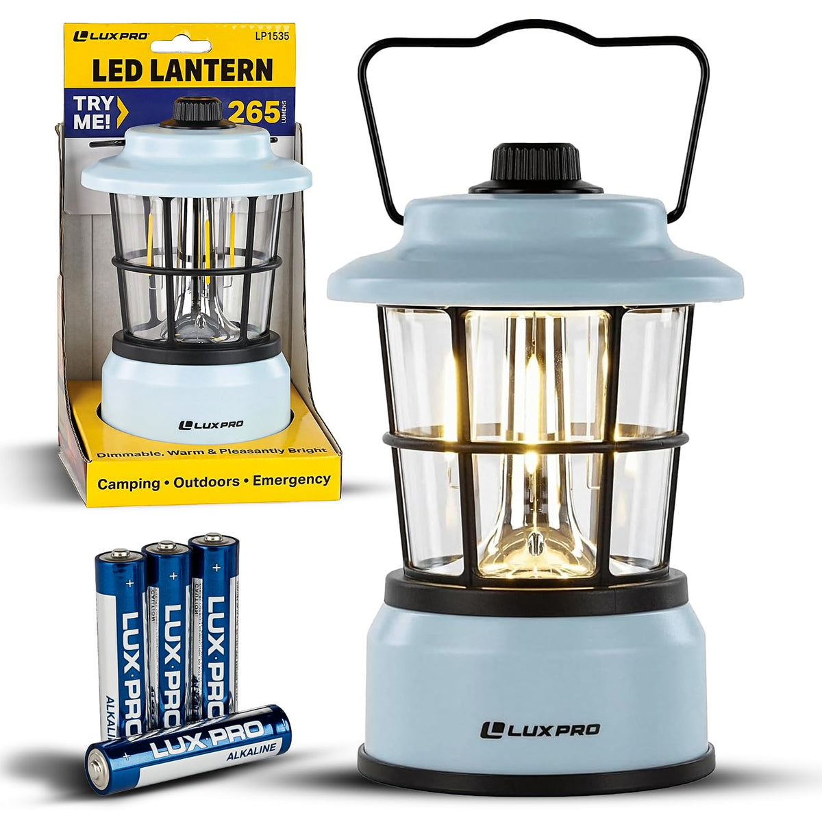 LUXPRO Retro LED Lantern blue front view, dependable tent light for dark nights