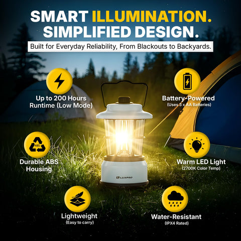LUXPRO Retro LED Lantern blue hanging in camp for hands-free lighting