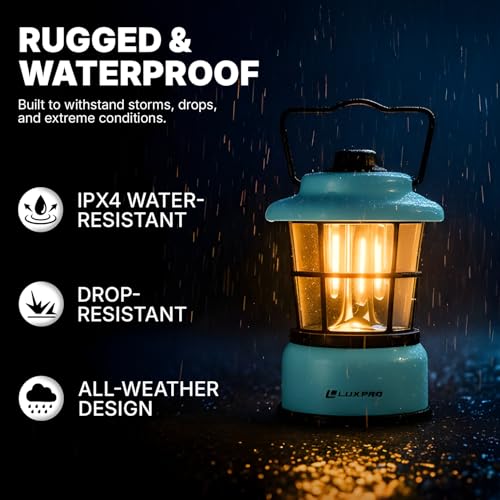 LUXPRO Retro LED Lantern blue indoors during an emergency setup
