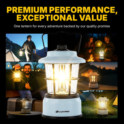 LUXPRO Retro LED Lantern blue outdoors on a hiking scene