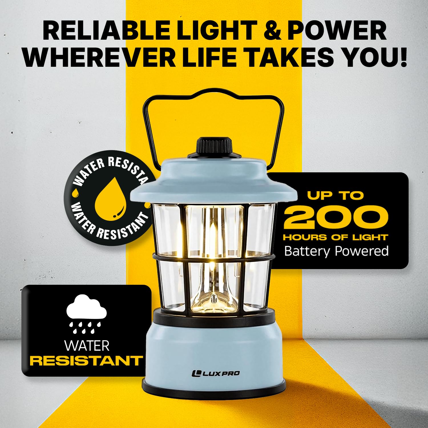 LUXPRO Retro LED Lantern blue side view, great for cabin outages