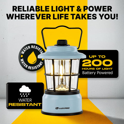 LUXPRO Retro LED Lantern blue side view, great for cabin outages