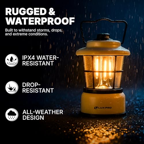 LUXPRO Retro LED Lantern on a campsite table at dusk
