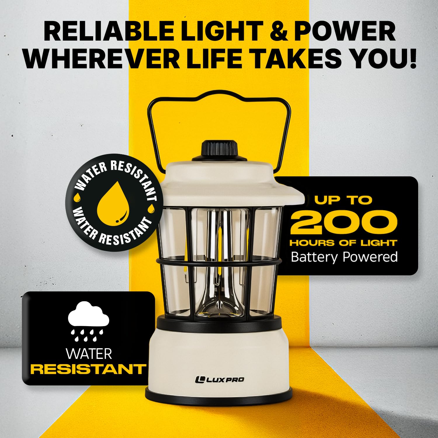 LUXPRO Retro LED Lantern hanging in a tent for camping light