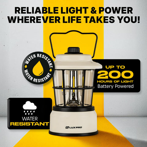 LUXPRO Retro LED Lantern hanging in a tent for camping light