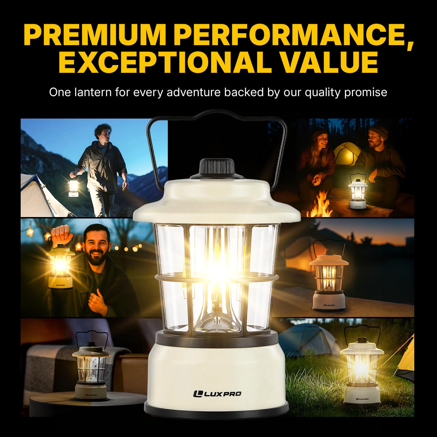 LUXPRO Retro LED Lantern showing warm low-mode illumination