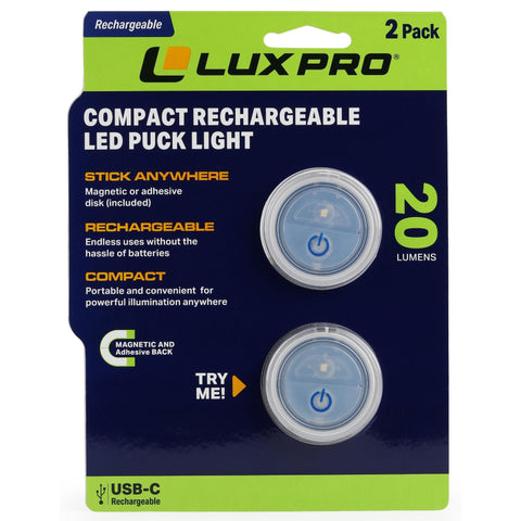 LUXPRO two-pack puck lights offering versatile lighting for multiple spaces