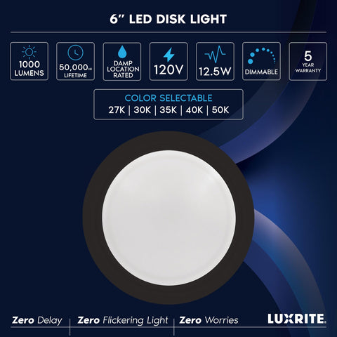 LUXRITE 6-inch LED disk light 50,000-hour lifespan reduces replacements.