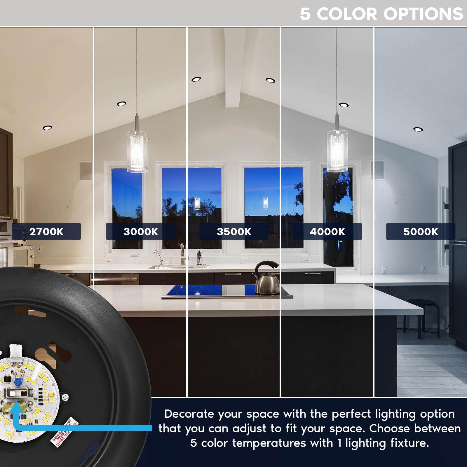 LUXRITE 6-inch LED disk light with warm to cool white tones for tailor-made mood.