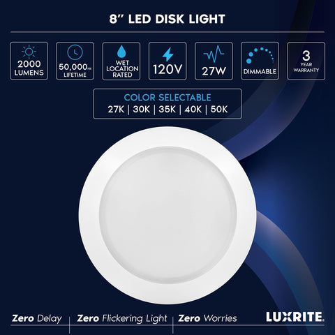 LUXRITE 9.4-inch face diameter disk light delivering wide, even illumination.
