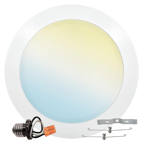 LUXRITE 8-inch color-tunable LED disk light showing adjustable white tones for ambience.