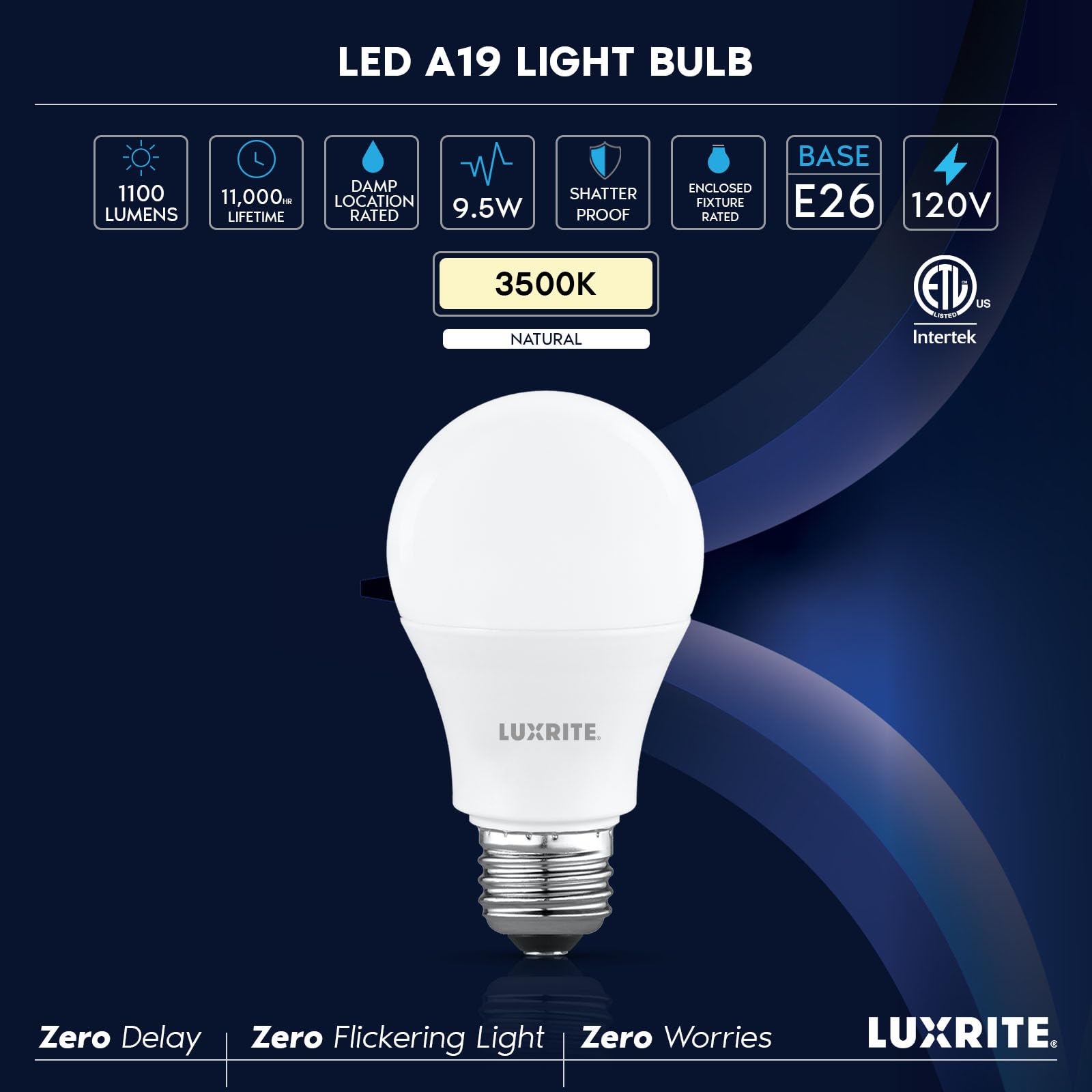 Luxrite A19 LED bulb quick install in standard E26 sockets