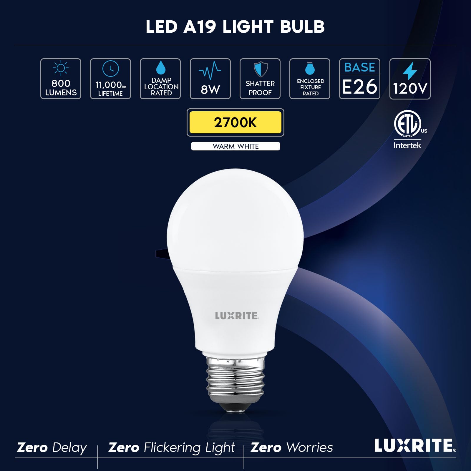 LUXRITE A19 LED bulb flicker-free beam reducing eye strain