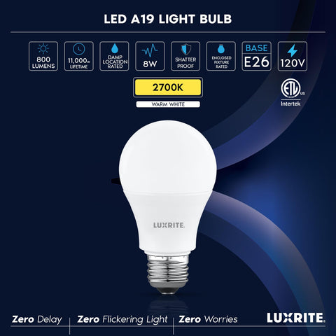 LUXRITE A19 LED bulb flicker-free beam reducing eye strain