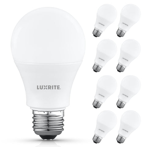 LUXRITE A19 LED bulb pack front view for energy-efficient home lighting