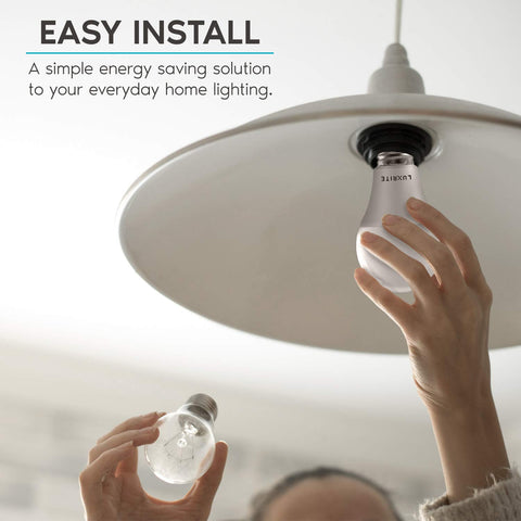 Luxrite A19 LED bulbs inside enclosed fixtures, reliable in damp locations.
