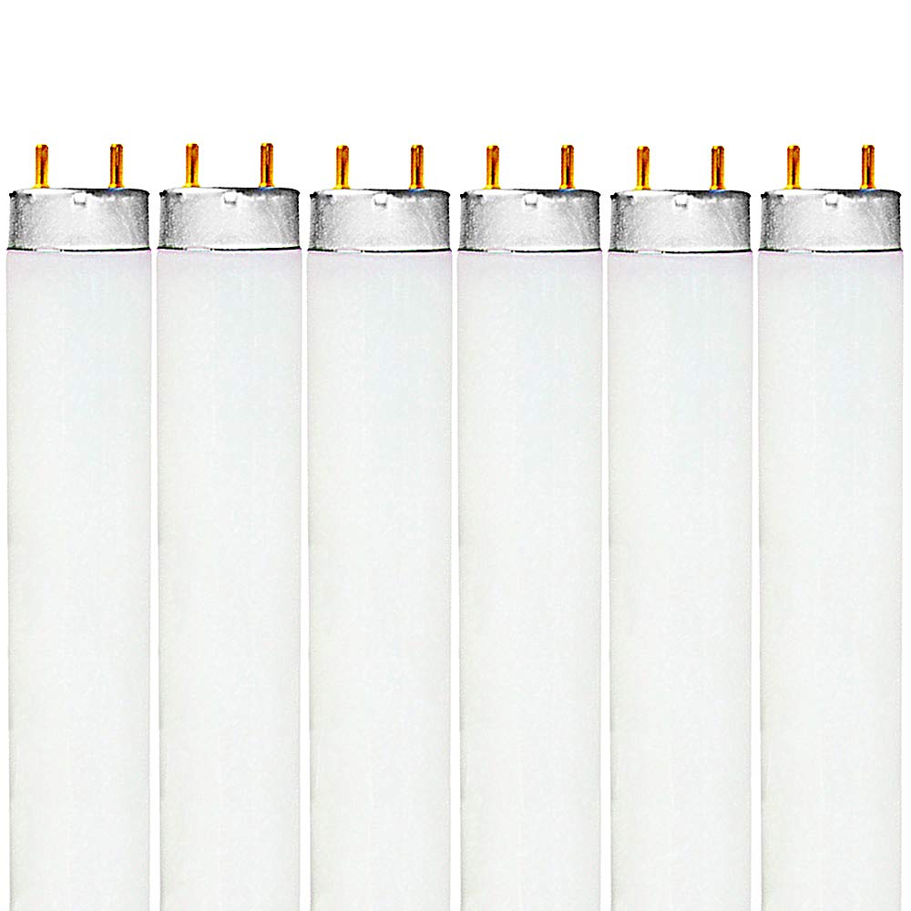 Luxrite F32T8/841 bulb close-up showing 4100K cool white light for offices.