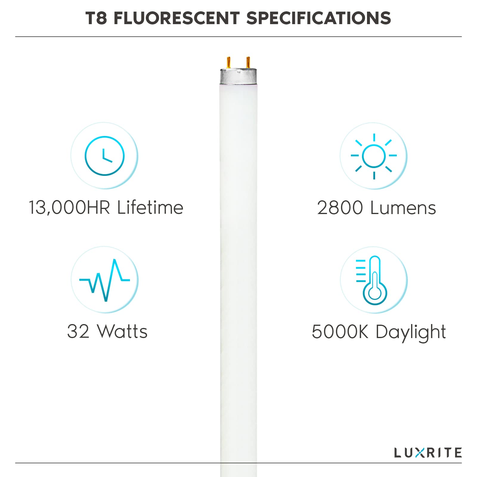 Luxrite G13 base T8 fluorescent tube fits standard fixtures in basements and offices.