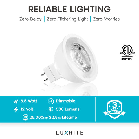 Luxrite MR16 LED bulb ETL warranty sign indicates safe, reliable lighting.